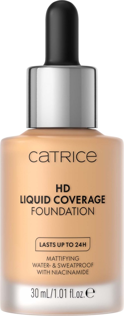 Catrice HD Liquid Coverage Foundation -pullo, pipettikorkki, tuotetiedot ja beige neste sisällä.