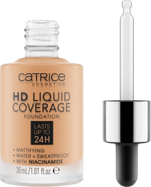 En flaska med Catrice HD Liquid Coverage Foundation med en droppapplikator. Den står att den håller upp till 24 timmar.