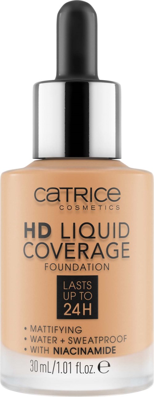 En flaska av Catrice HD Liquid Coverage foundation med pipettlock, som nämner långvarigt, matt yta, vattentätt och niacinamid.