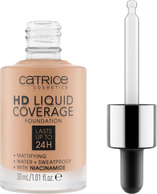 Pullopipetin sisältävä Catrice HD Liquid Coverage Foundation -pullo.
