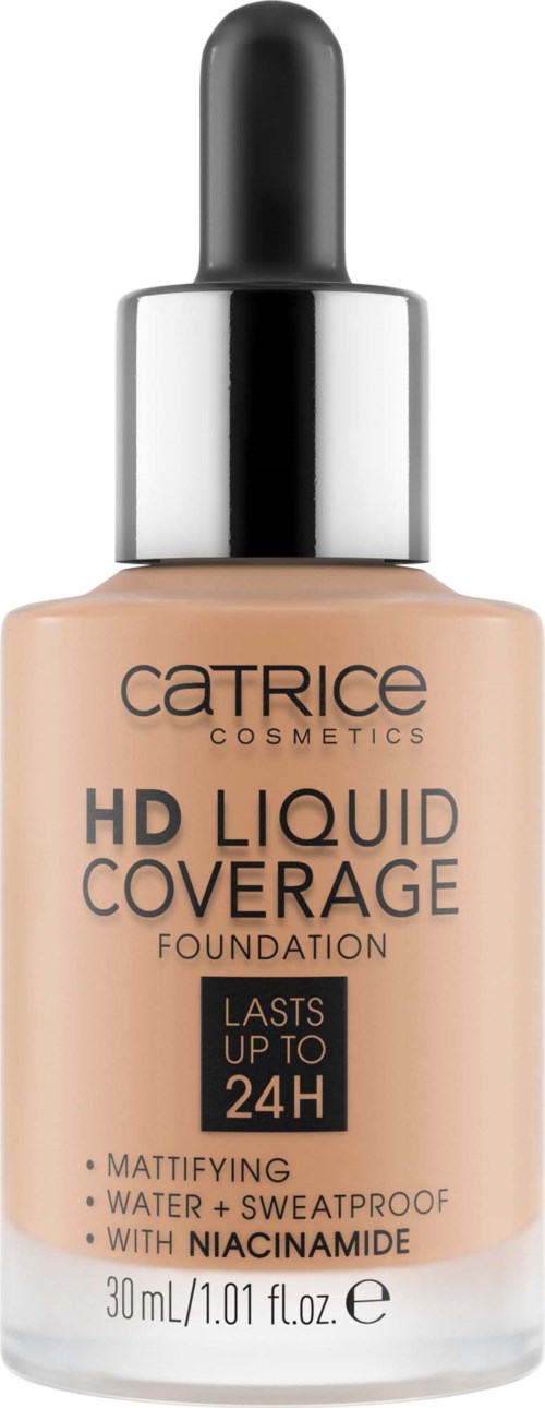 Catrice HD Liquid Coverage meikkivoide pullo, beige väri, musta ja valkoinen teksti.