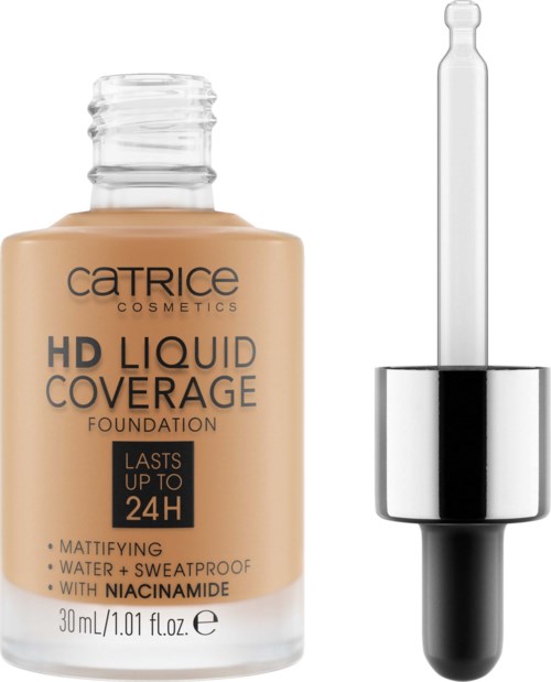 Flasche mit Catrice HD Flüssig-Foundation mit Pipette, markiert als langanhaltend, matt, wasserdicht, mit Niacinamide, 30 ml.