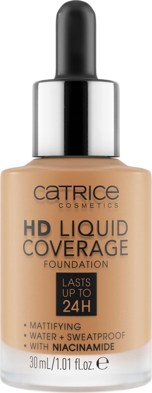 Catrice HD Flüssigfoundation mit Tropfer, beige Farbe, hält bis zu 24 Stunden, wasser- und schweißresistent, enthält Niacinamid.