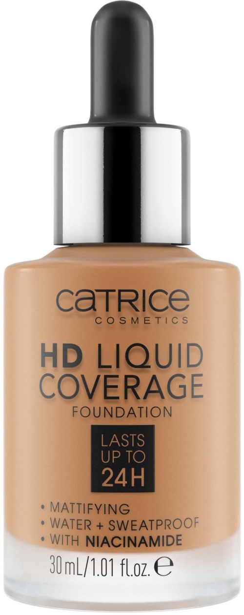 Eine Flasche Catrice HD Liquid Coverage Foundation mit Tropfspitze, als langlebig und wasserfest gekennzeichnet.