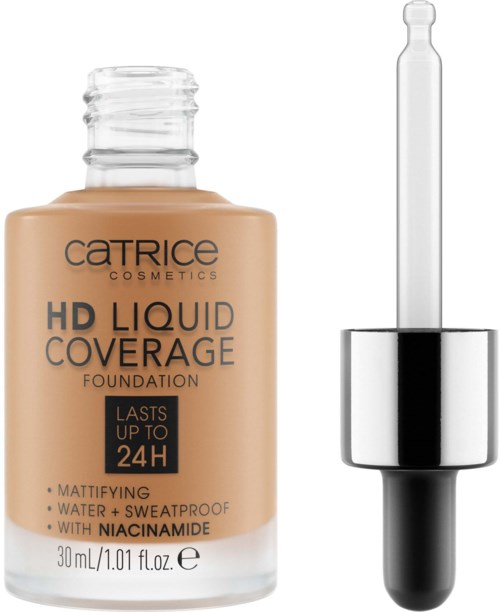 Flasche mit Foundation, Pipette und beige Farbe. Beschriftung: Catrice HD Liquid Coverage, hält bis zu 24 Stunden.