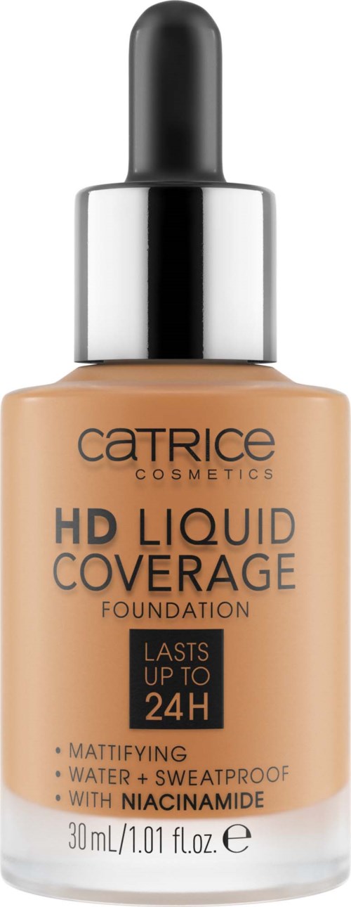 Catrice-Foundation-Flasche mit Pumpe, beigen Farbe, mit HD Liquid Coverage gekennzeichnet, hält bis zu 24 Stunden.