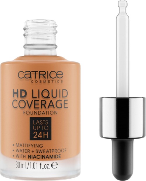 Eine Flasche von Catrice HD Liquid Coverage Foundation mit Tropfflasche.