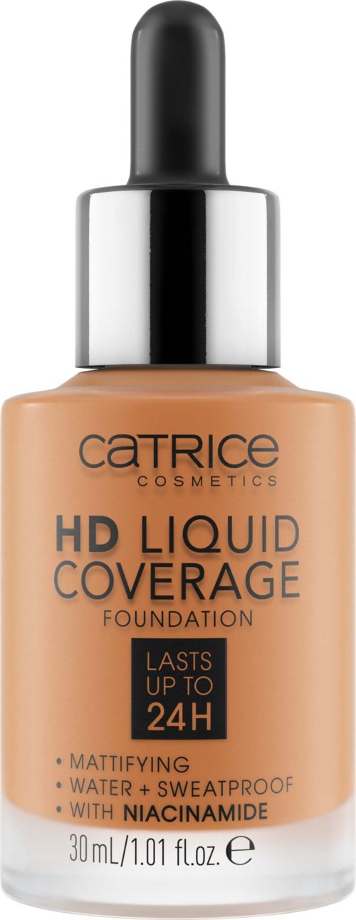 Eine Flasche Catrice HD Liquid Coverage Foundation mit Tropfer, die bis zu 24 Stunden hält.