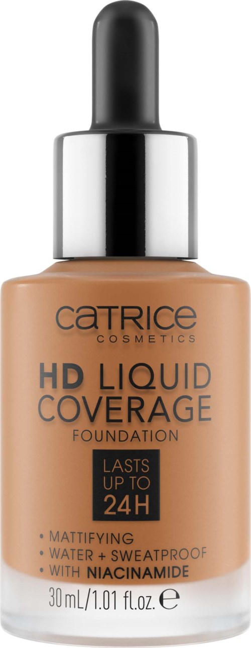 Eine Flasche Foundations mit 'Catrice HD Liquid Coverage' Beschriftung, mit Pipette, verspricht langanhaltende Wirkung.
