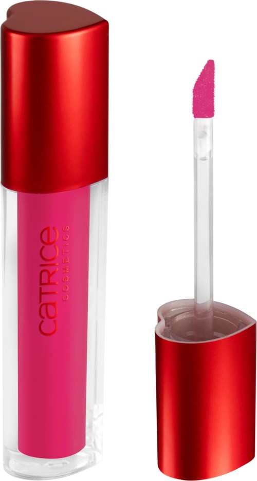Lip gloss in a clear tube with a red cap and pink product inside. The applicator wand is visible.