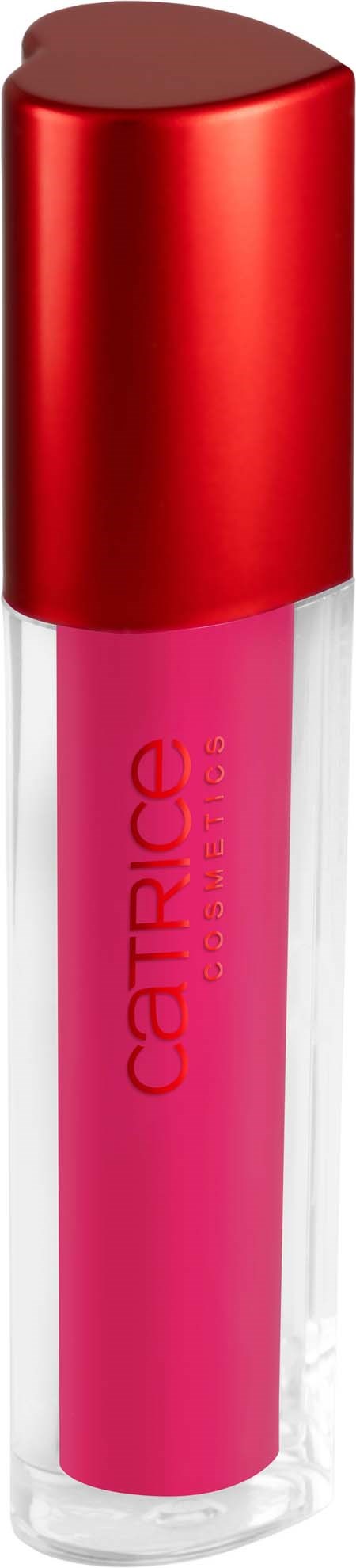 A pink lip gloss bottle with a red cap, labeled 'Catrice Cosmetics', on a black background.
