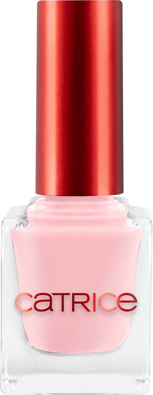 En flaska med rosa nagellack med rött lock och märket 'Catrice' på.