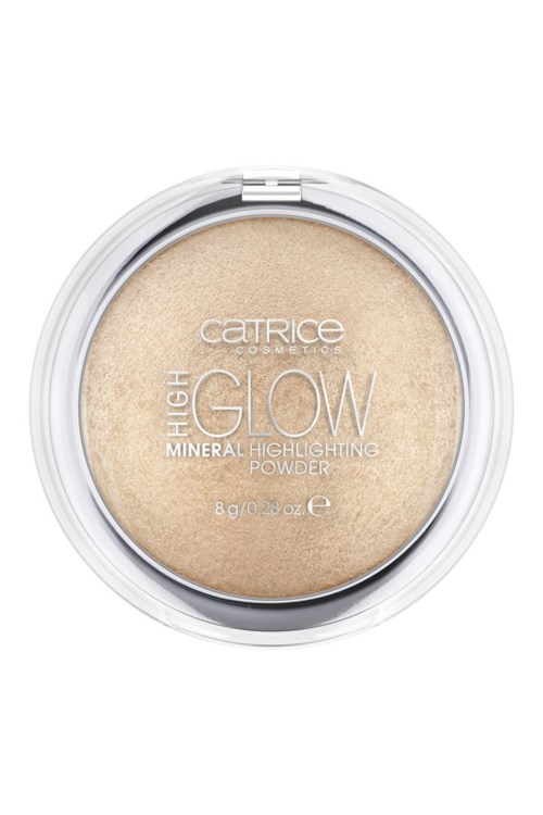 Ein runder Behälter mit beigem Highlighter-Make-up und durchsichtiger Abdeckung, mit weißem Text "Catrice GLOW".