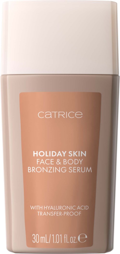 Catrice Holiday Skin gezicht- en bodybronzingsserum met hyaluronzuur; 30 ml fles met beige en wit ontwerp.