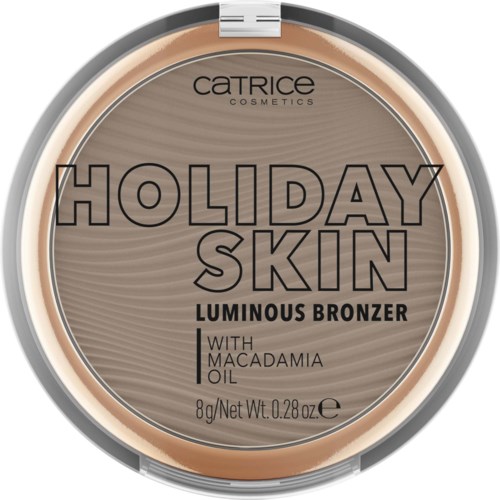 Catrice Cosmetics' jul hudbrunare med makadamiaolja, i en rund behållare, märkt 'Luminous Bronzer'.