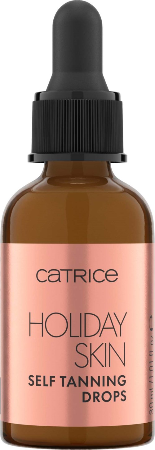 En brun flaska med en svart pipettlock, märkt 'Catrice Holiday Skin Self Tanning Drops' med rosa bakgrund.