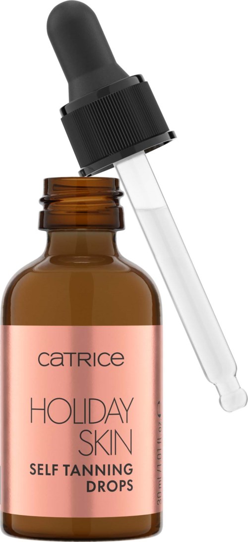 Brun flaska med pipettlock, märkt 'Holiday Skin Self Tanning Drops' i rosa. Används för att göra huden solbränd.