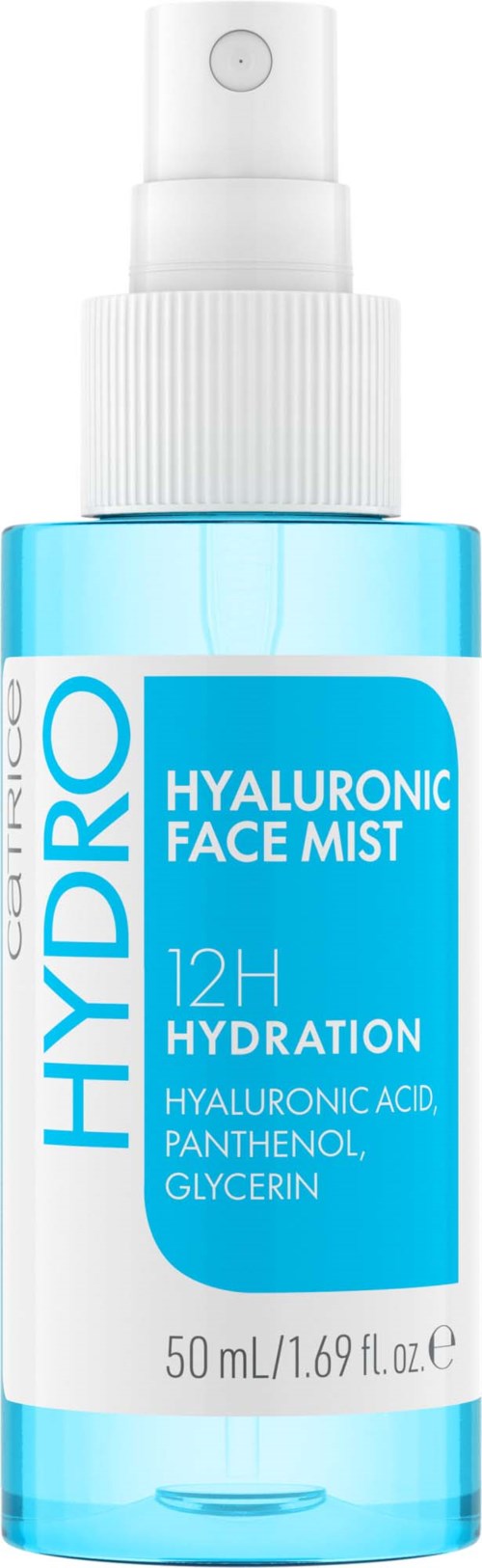En blå och vit sprayflaska märkt 'HYDRATION' med ett vitt sprayhuvud längst upp.
