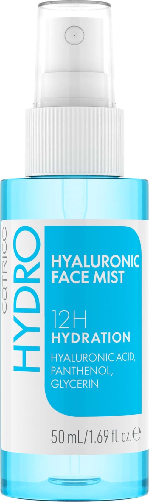 Blå sprayflaska med etikett 'Hyaluronic Face Mist' för 12 timmars fukt, innehåller hyaluronsyra, panthenol och glycerin.