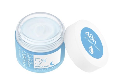 Åpner krukke med blå gel, hvit lokk, blå etikett med 48 timer hydrering og 5% squalane.