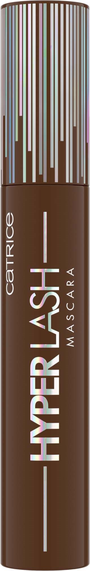 Brunt mascara-rør med en fargerik, stripete topp og hvit tekst som sier "HYPER LAST" og "MASCARA".
