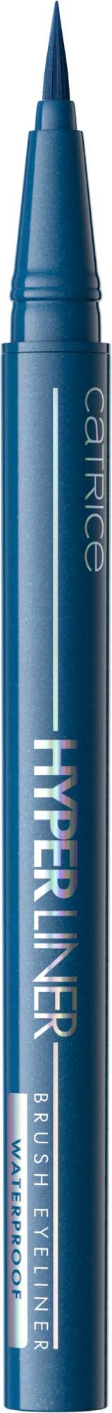 Blaue flüssige Eyeliner-Stift mit weißem Text, Kappe oben, Marke Catrice, Hyperliner Beschriftung, auf schwarzem Hintergrund.