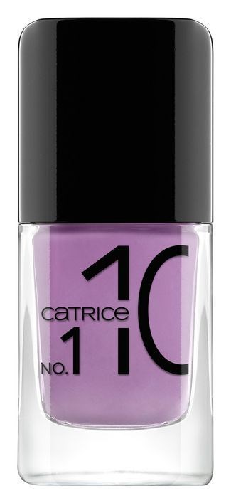 Fioletowa butelka lakieru do paznokci z czarnym wieczkiem, oznaczona 'Catrice No. 11C'.
