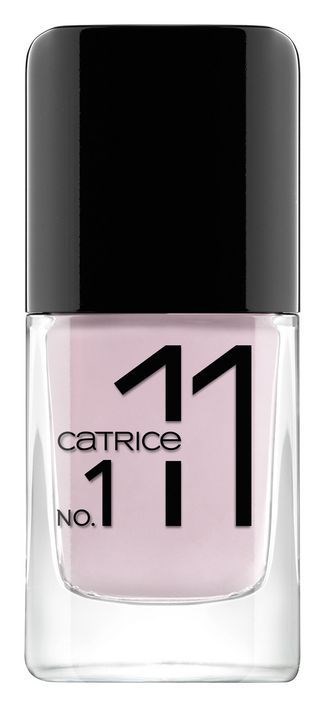 Butelka lakieru do paznokci z czarnym korkiem, jasno różowy kolor, oznaczenie 'Catrice No. 111' i '11'.