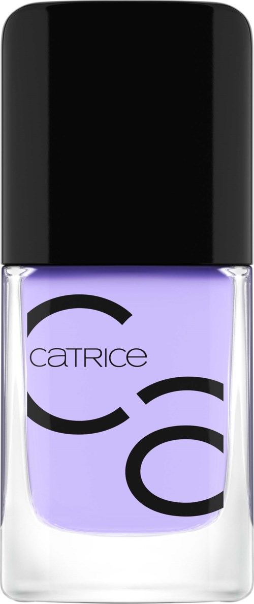 A nail polish bottle with light purple color and black cap, labeled 'Catrice'.