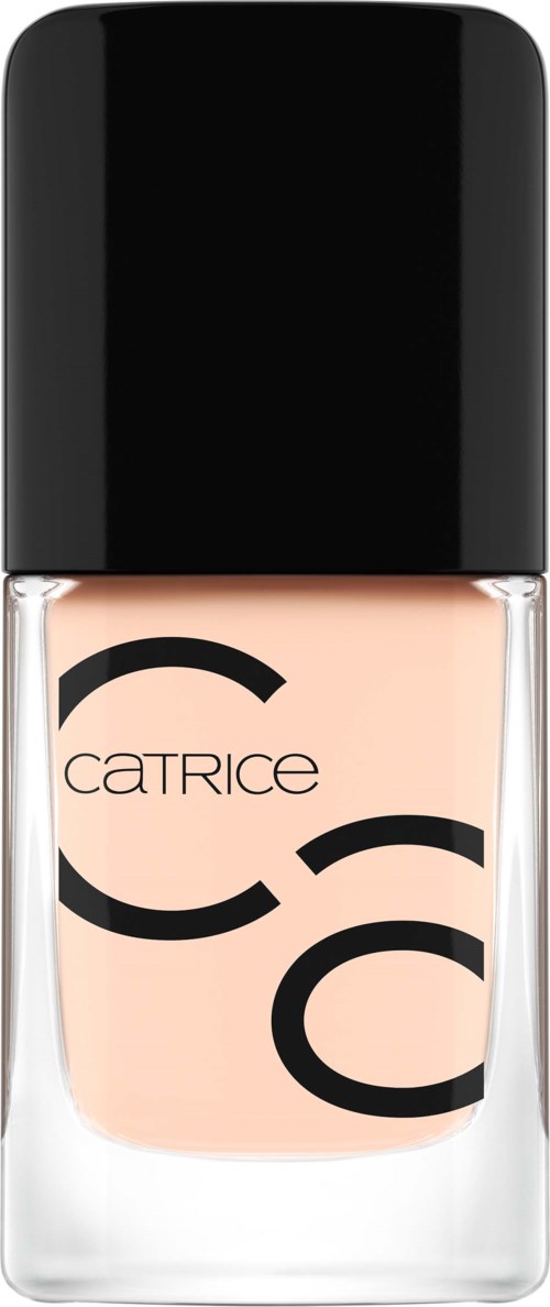 A nail polish bottle with a black cap and a beige-colored polish inside, with black curved lines on the bottle.