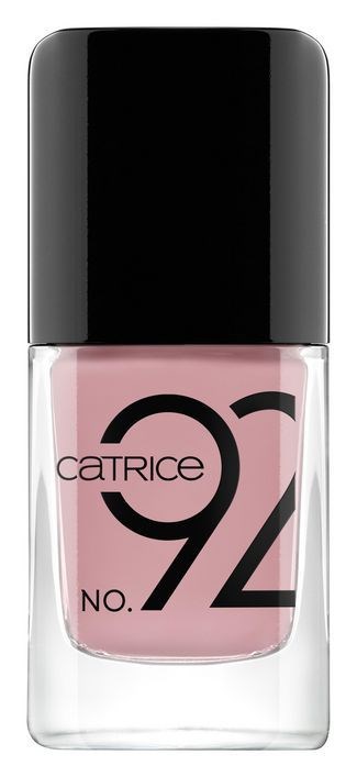 Butelka lakieru do paznokci w różowym kolorze, z czarnym korkiem i napisem 'CATRICE NO. 92'.