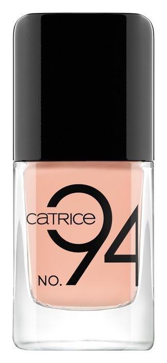 Butelka lakieru do paznokci Catrice nr. 94 z przezroczystą częścią i czarną pokrywką.