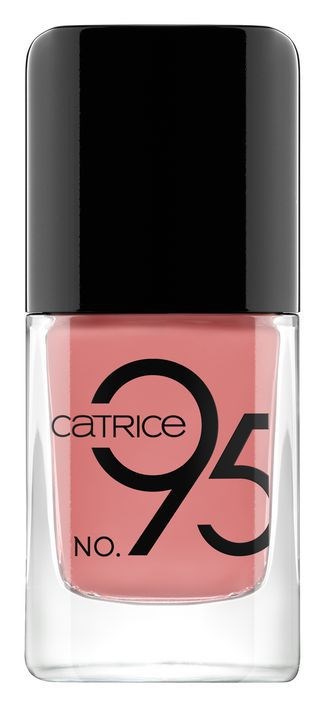 Różowa butelka lakieru do paznokci z czarnym capem, oznaczona Catrice No. 95.