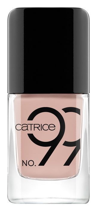 Lakier do paznokci w butelce z czarną nakrętką i jasnoróżowym lakierem, oznaczone 'CATRICE Nr 97'.