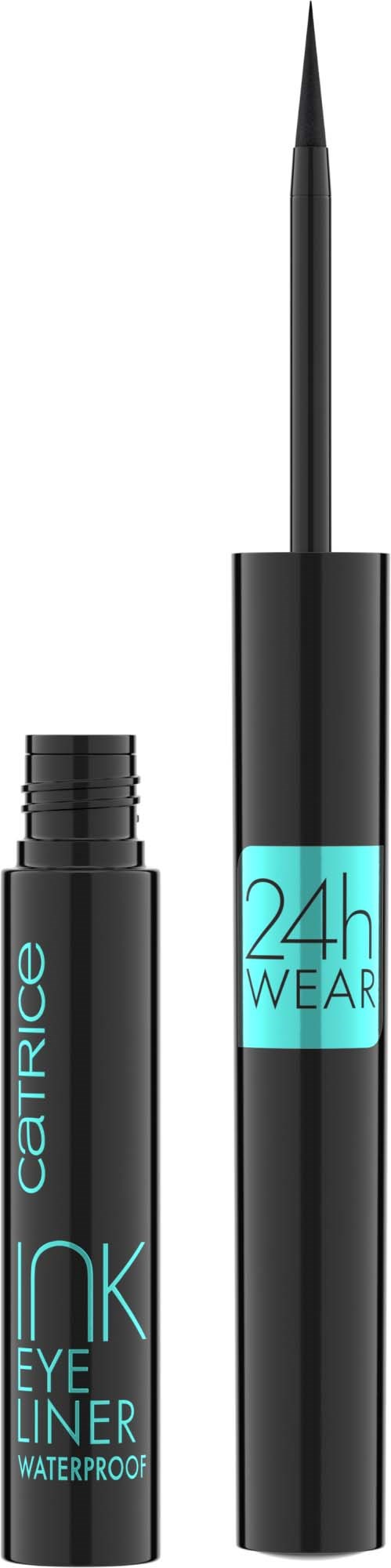 En svart flytande eyelinerpenna med en blå etikett som säger "24h wear" och en liten flaska vattentät ögonpenna.