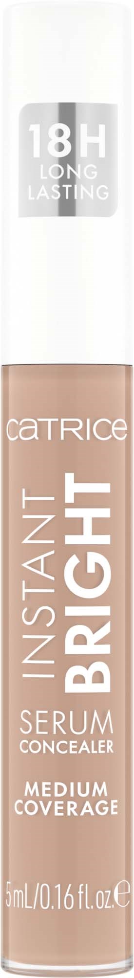 En beige flytende concealerkrem med hvit lokk, merket 'Catrice Instant Bright Serum Concealer, Medium Coverage, 0.16 fl oz.'