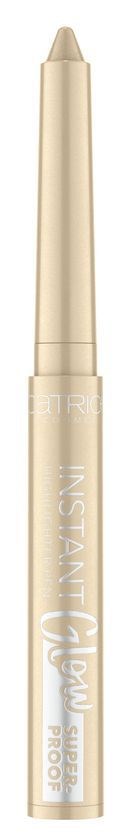Ein beige Lippenstahlstift mit Text 'Instant Glow' und 'Super Proof'.