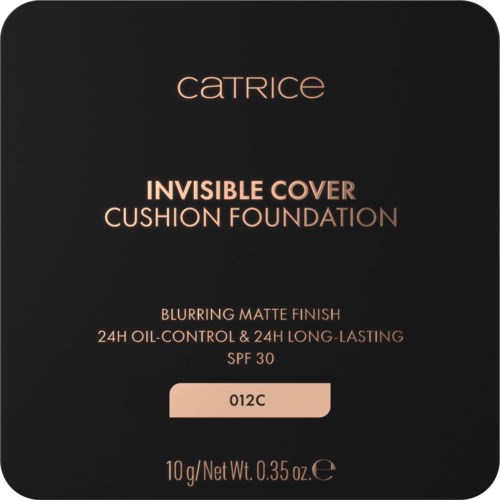 Verpackung für Catrice Invisible Cover Cushion Foundation mit mattem Finish, SPF 30, Farbnummer 012C.