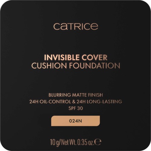 Catrice Invisible Cover Cushion Foundation Verpackung mit beiger und schwarzer Gestaltung, zeigt Ton 024N und Produkthinweise.