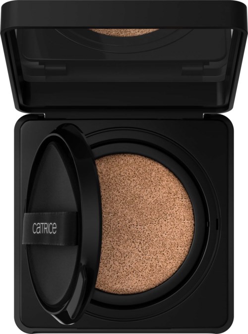 Ein kompaktes Puder-Foundation-Produkt mit schwarzem Gehäuse und einem weichen Schwämmchen.