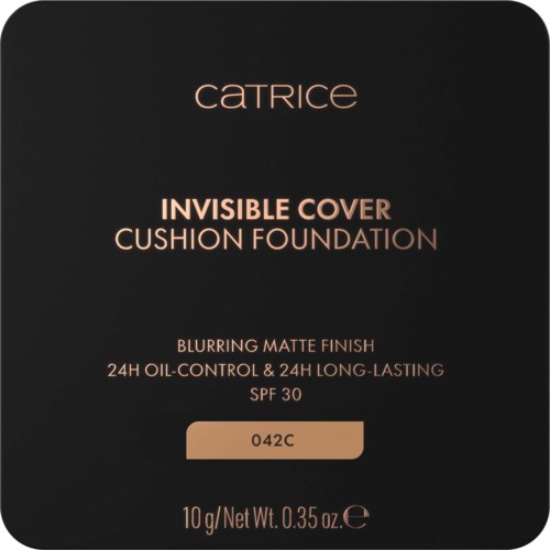 Catrice unsichtbarer Cover-Kissenfundation Verpackung mit Farbton 042C, mattem Finish, SPF 30, 10 g Inhalt.