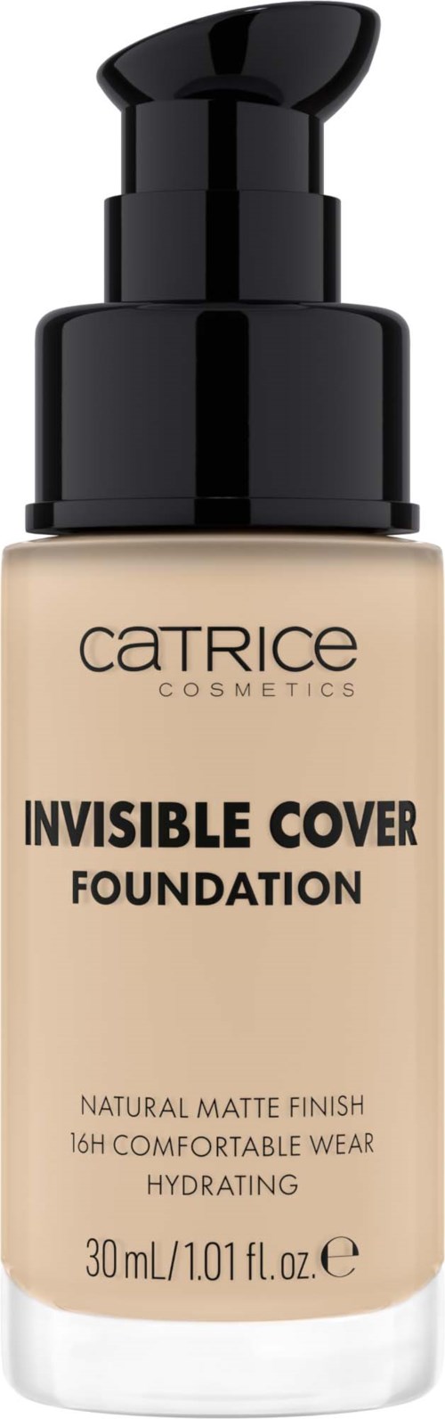 Eine Flasche Catrice Invisible Cover Foundation mit Pumpe, beige Flüssigkeit und schwarzem Deckel.