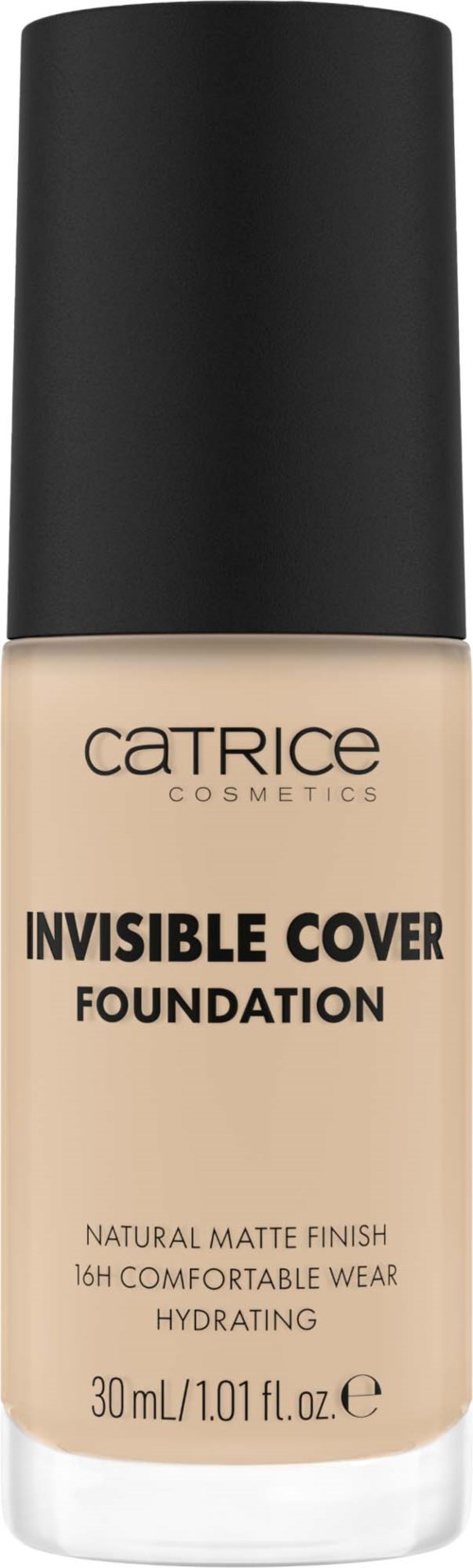 Eine Flasche Catrice Invisible Cover Foundation mit schwarzem Deckel, beige Flüssigkeit und Etikett mit Produktdetails.
