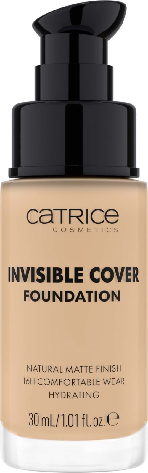 Eine Flasche Catrice Invisible Cover Foundation mit Pump, beschriftet mit Produkteinformationen und für Make-up.