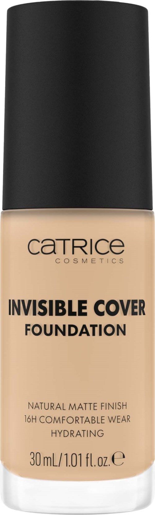 Eine Flasche Catrice Invisible Cover Foundation mit schwarzem Deckel und beiger Flüssigkeit.