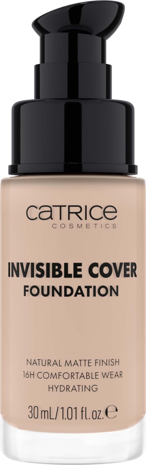 Eine Flasche flüssige Foundation mit Pumpe, Marke Catrice, genannt Invisible Cover, für natürlichenmatten und feuchtigkeitsspendenden Abschluss.