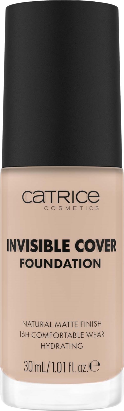 Eine Foundationsflasche mit schwarzem Deckel, beiger Farbe, Marke Catrice Cosmetics, labeled 'Invisible Cover'.