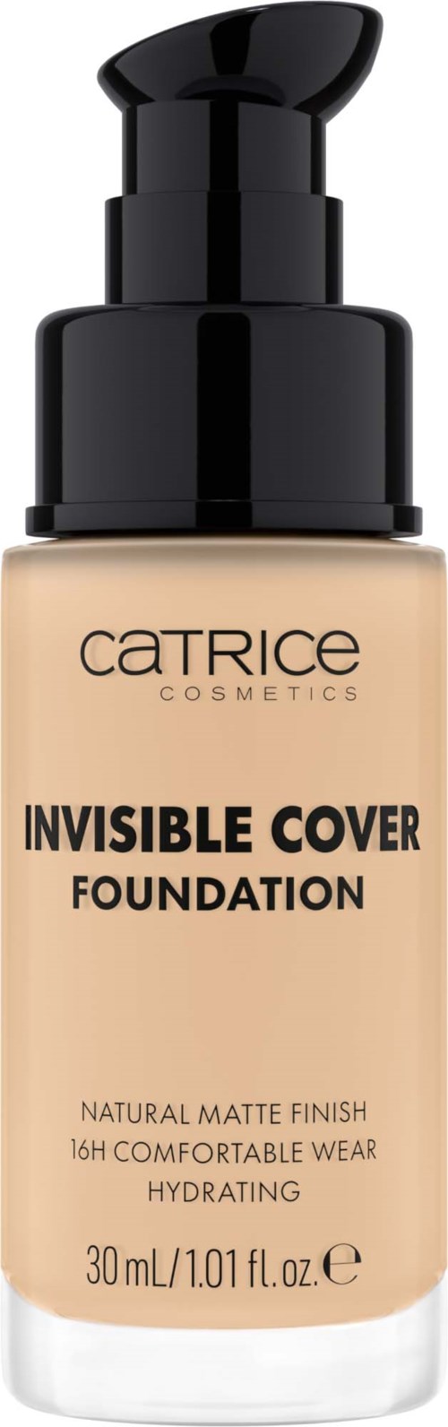Eine beige Foundation-Flasche mit schwarzem Pumpenaufsatz, beschriftet "Catrice" und "Invisible Cover", für natürlichen matten Look und Feuchtigkeit.