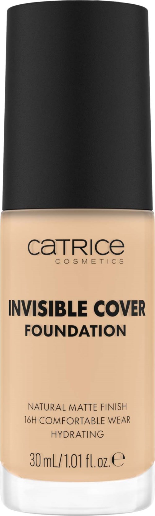 Ein Foundation-Flasche von Catrice Cosmetics mit schwarzem Deckel und beige Flüssigkeit. Es steht 'Invisible Cover' und 'Hydrating.'