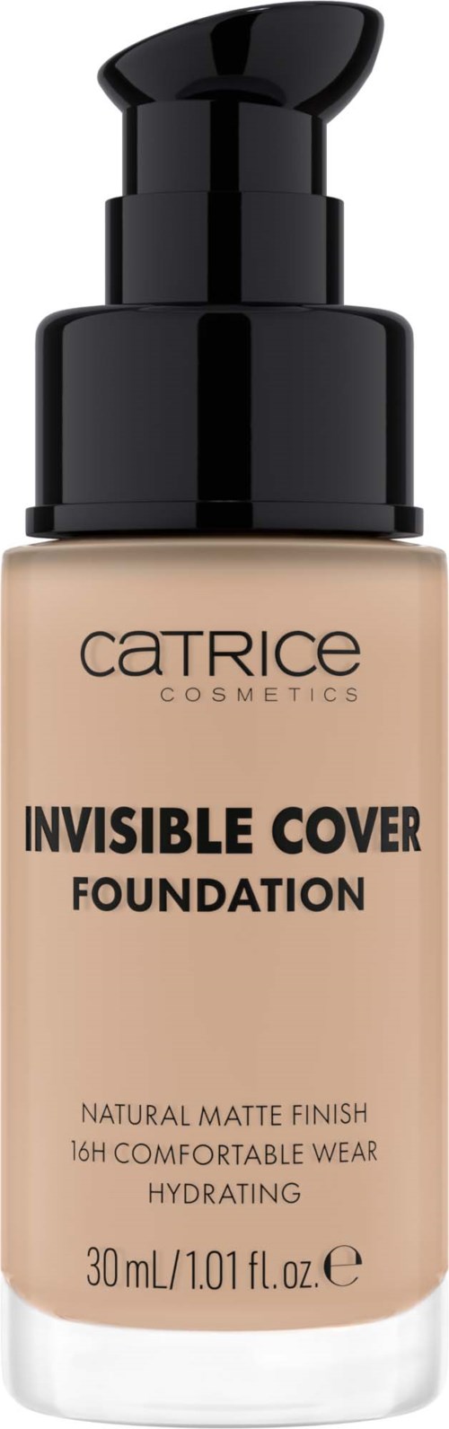 Eine Flasche von Catrice Invisible Cover Foundation mit Pumpe, beige Flüssigkeit, auf dem Etikett Produktdetails.